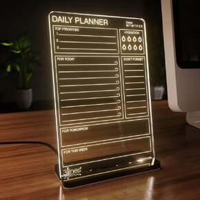 Glowrite LED Writing Board with USB Stand, Illuminated Acrylic Display with Markers & Cleaning Cloth/Duster, Home Office Desk Organizer | Daily Planner Top Priorities