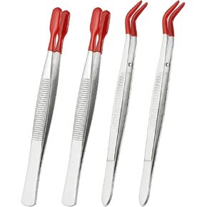 PATIKIL Craft Tweezers with Rubber Tips, 4 Pcs PVC Coated Tweezers Set Long Stainless Steel Bent Straight Flat Tip for Stamp Sticker Crafts Beads Jewelry Tools, Black 5.9" 6.1"
