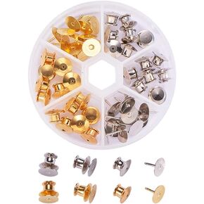 Benecreat 60 Count Gold & Platinum Colors Backs Pin Backs with Tie Tacks Dins Pins Kit ، وقفل حراس الدبوس المعدني السائبة قفل المشبك مع حالة التخزين