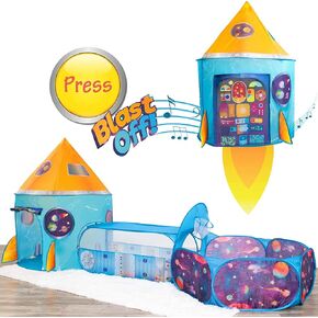 W & O Rocket Ship Play Tent مع Tunnel و Ball Pit و Brash Off Button - تلهم اللعب الإبداعي للأطفال - مثالي للمغامرات الداخلية والخارجية