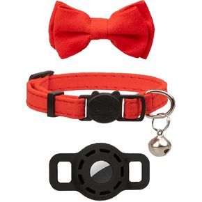 قوس طوق Cat Airtag مع علبة حامل الجرس هريرة زفاف أساسية سلامة السيليكون [Case & Bow] Red