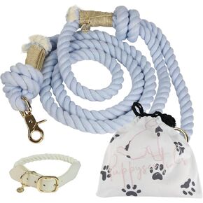 Premium Dog Collar and Leash Set: Braided Cotton Rope Dog Leash (5ft, Light Blue) & Adjustable Comfort Dog Collar (Large, Creamy White), Durable Leash and Dog Collar for Large Dogs with Handy Bag