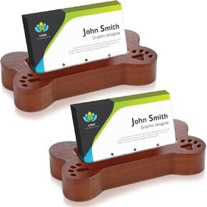 2 PCS Dog Business Card Holder Wooden Desk Dog Dog Card Stand Pet Paw Print Farmhouse Business Organizer for Office Tabletop Desk (Walnut Color)