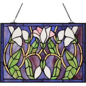 YOURANJU Stained Glass Window Hanging Handicraft Purple Lily Rectangular Glass Window Panel 16"X11" Tiffany Flower Style Window Suncatcher Perfect Window Hangings Housewarming Gift (With Chain Hook)