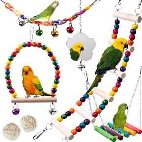 7pcs ألعاب الطيور للببغاوات والطيور الصغيرة - تقلبات جثم خشبية ، ألعاب السلم والتسلق ل conure ، cockatiel & budgie - 18 '' '