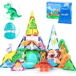 Dinosaur Toy Magnetic Tiles with 6 Dinosaurs and 2 People,Dinosaur Toys for Kids 3+,Toddler Outdoor Magnetic Tiles,Dinosaur World Set with 55 PCS,Sensory Toddler Toys Creative Kids Games Gifts
