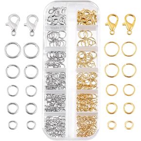 PH PandaHall 320pcs 18k Gold Plated Brass Open Jump Rings 4/5/6/7/8mm Jump Rings with 20pcs 12mm Lobster Claw Clasps Jewelry Rings Clasps for Jewelry Making Necklace Repair, Platinum/Gold
