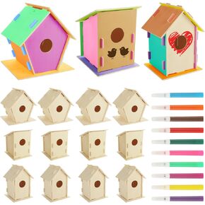 Oungy 12 PCS Wooden Birdhouses Unfinished Wood Bird Houses Kits DIY Wooden Bird Houses Kits with Colorful Painting Pens Bird Houses to Paint for Craft Activity Creative DIY Art Project