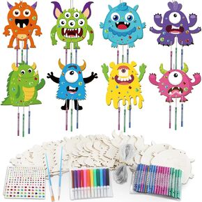 Gisgfim 16 Pack Monster Wind Chime Kit for Kids غير مكتملة وحش Wooden Monster Wind Chime لصنع مركبة فن الوحش الخاصة بك لعيد ميلاد DIY Project Decor Decor