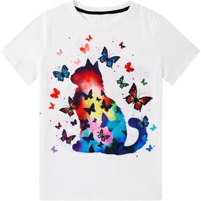 Girls Shirts Kids T Shirt Cat Print Tees Animal Graphic Clothes Short Sleeve 5-12 Years