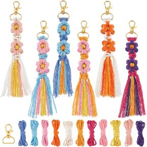 SUNNYCLUE 6 Sets Keychain Making Kits Flower Macrame Keychain Kits with Tassel Woven Keychain Kit Instruction Included Boho Macrame Kits for Beginners Adults Handbags DIY Hanging Ornament Decoration