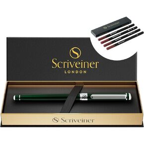 Scriveiner Black Lacquer Pen - قلم فاخر مذهل مع حزمة من الذهب 24k مع حزمة Rollerball Elcled Medill - 4 عبوات كرة الدوارة في صندوق واحد
