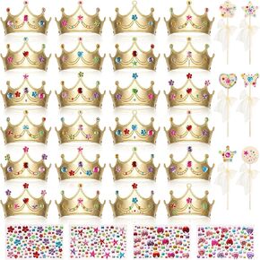 24+37pcs مجموعة التيجان الرغوة ، الأميرة تياراس وتيجان الرغوة DIY للأطفال لتزيين توجة حفلات أعياد الميلاد مع 24 تيجان الرغوة ، 24 صخور خشبية ، 12 ملصقات حجر الراين ، 1 شريط الحرير