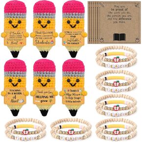 6 Sets Teacher Appreciation Gifts Crochet Apple Dolls with Thank You Card and Bracelet Presents for Teacher's Day Positive Graduation End of Year from Students