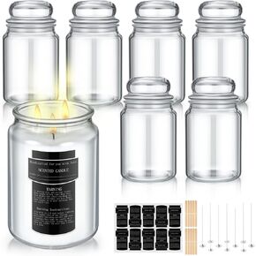 Ziliny 36 PCS 25 OZ Class Candle Swars لصنع الشموع مع طقم صنع شمعة الأغطية ، 6 حاويات زجاجية شمعة CLEAR مع غطاء محكم الإغلاق ، 10 Wicks 10 ملصقات 10 حاملين خشبيين للتوابل