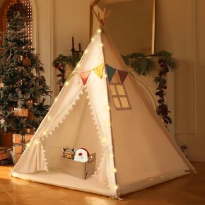 Kids Teepee Tent with Mat - Indoor Playhouse for Boys and Girls - Anti-Slip Cotton Teepee Tent for Kids with Star Lights, Flags, Felt Basket and Carry Bag Toddler Teepee Children's Room