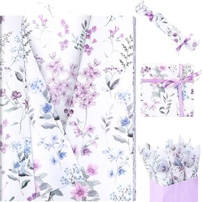 60 Sheets Purple Flower Tissue Paper, 20x14 Inches Watercolor Lavender Printed Wrapping Tissue Paper Wildflower Art Decorative Tissue for Wedding Birthday Gift Wrapping