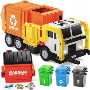 JOYIN Large Friction Powered Garbage Truck Toy Set, Includes Dumpster, Trash Bins, and Learning Cards for Kids, Orange