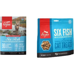 ORIJEN® Dry Cat Food, Grain Free, Premium, High Protein, Fresh & Raw Animal Ingredients, Six Fish, 12lb Freeze Dried Cat Treats, Six Fish, 1.25oz