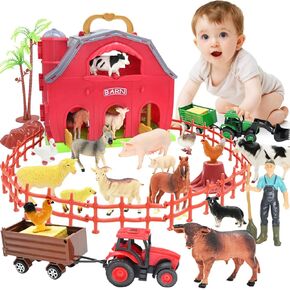 Farm Animals Big Red Barn Toy for 1 2 3 4 5 Years Old Toddlers, Kids Farm Figures Fence Playset with Tractor, Preschool Montessori Learning Toys, Christmas Birthday Easter Gift for Boys Girls
