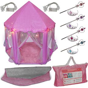 Princess Castle Play Tent for Girls - Large 55 '× 53' 'Playhouse مع أضواء النجوم للعب الداخلية والخارجية مع الأضواء والتيجان والموارد والسجادة (الوردي ، 55 × 53 بوصة)