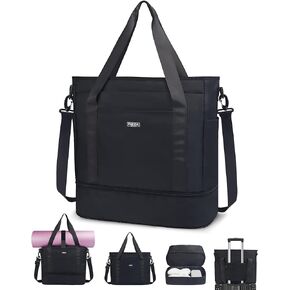 Fmeida Gym Bag with Shoe Compartment Expandable, Duffle Bag for Travel with Wet Pocket, Sports Duffels with Yoga Mat Strap, Personal Item Travel Bag Overnight Weekender Tote Bag for Women - Black