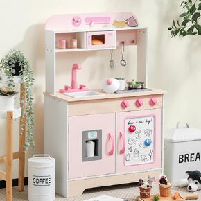 Sainsmart Jr. Wooden Play Kitchen للأطفال - مجموعة طبخ Premium Toddler Play - تشمل الموقد والثلاجة والملحقات للبنين والبنات