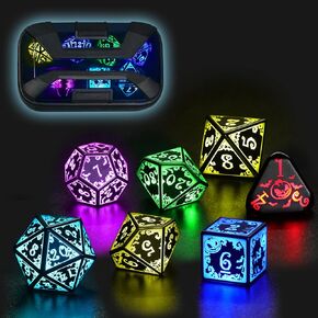 تضيء DND DND مجموعة قابلة لإعادة الشحن مع حالة الشحن للأبراج المحصنة والتنين LED DICE SET D&D 7 COLOR POLYHEDRAL PLAY RPG DICE للهدايا DND Tabletop (اليقطين RGB)