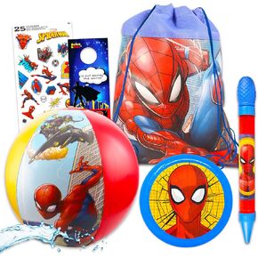MARVEL Spiderman POOW مجموعة للأولاد - 4 PC BEACH TOYS BANDLE مع كرة الشاطئ ، مكبرات الماء ، القرص الطائر ، حقيبة الشاطئ ، ملصقات ، المزيد | مجموعة سبايدرمان و هدايا الشاطئ للأطفال