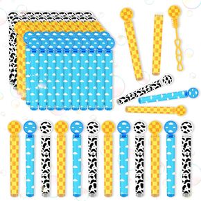 60 Pcs Cartoon Story Bubble Wands, Blue Sky and White Cloud Cow Mini Bubble Wand, Cartoon Birthday Party Decorations with DIY Stickers for Kids Boy Girl Baby Shower Supplies