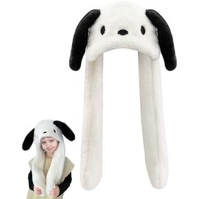 Maikerry Cartoon Plush Dog Ear Moving Jumping Hat,Cute Fluffy Beanie Cap,Cartoon Warm Winter Hat for Women Girls White