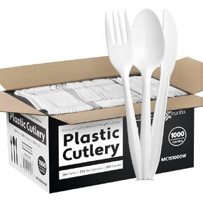 1000 Count White Silverware Set, 334 Plastic Forks, 333 Plastic Spoons, 333 Plastic Knives, Medium Weight BPA Free Disposable Plastic Cutlery Set, Bulk Combo Pack Flatware Set for Party Supplies