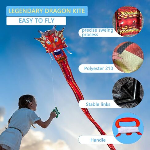HENGDA KITE Legendary Dragon Kite,for Kids and Adults,Easy to Fly,Excellent Fabric and Structure Design,Suitable for Square, Beach, Grass, Park,Excellent Gift,(35x157) in in Kuwait