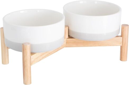 Ilyapa Ceramic Dog Bowls - Elevated Dog Bowl Stand for Medium Sized Pet with Raised Food and Water Set - Gray Double 6 inch, 28 Oz Bowls & 13x6.3x5.5 Wooden Stand in Kuwait