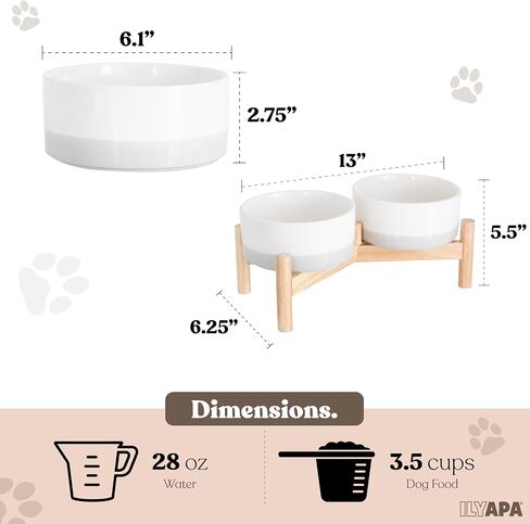 Ilyapa Ceramic Dog Bowls - Elevated Dog Bowl Stand for Medium Sized Pet with Raised Food and Water Set - Gray Double 6 inch, 28 Oz Bowls & 13x6.3x5.5 Wooden Stand in Kuwait