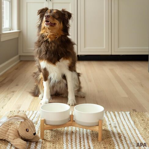 Ilyapa Ceramic Dog Bowls - Elevated Dog Bowl Stand for Medium Sized Pet with Raised Food and Water Set - Gray Double 6 inch, 28 Oz Bowls & 13x6.3x5.5 Wooden Stand in Kuwait