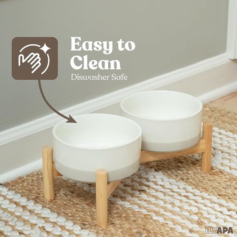 Ilyapa Ceramic Dog Bowls - Elevated Dog Bowl Stand for Medium Sized Pet with Raised Food and Water Set - Gray Double 6 inch, 28 Oz Bowls & 13x6.3x5.5 Wooden Stand in Kuwait