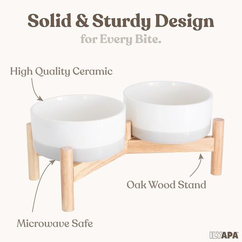 Ilyapa Ceramic Dog Bowls - Elevated Dog Bowl Stand for Medium Sized Pet with Raised Food and Water Set - Gray Double 6 inch, 28 Oz Bowls & 13x6.3x5.5 Wooden Stand in Kuwait