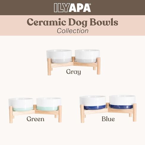 Ilyapa Ceramic Dog Bowls - Elevated Dog Bowl Stand for Medium Sized Pet with Raised Food and Water Set - Gray Double 6 inch, 28 Oz Bowls & 13x6.3x5.5 Wooden Stand in Kuwait