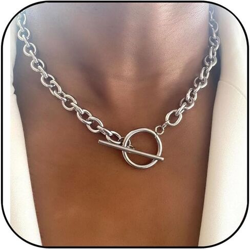 Toggle Necklaces for Women Gold Chunky Necklace for Women 14K Gold Plated Chain Clasp Statement Link T-Bar Clasp Dainty Gold Necklace Jewelry Gifts for Women in Saudi Arabia
