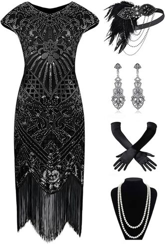 868A - Plus Size 1920s Vintage Fringed Gatsby Sequin Cold Shoulder Tassels Flapper Party Cocktail Dress with Accessories in Saudi Arabia