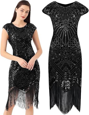 868A - Plus Size 1920s Vintage Fringed Gatsby Sequin Cold Shoulder Tassels Flapper Party Cocktail Dress with Accessories in Saudi Arabia