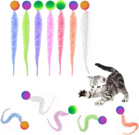 Bouncy Ball with Tail for Cats 7 Pack,Cat Fuzzy Worm Toys,Magic Worm Bouncy Ball Toy for Indoor Cat (7pcs) in Saudi Arabia