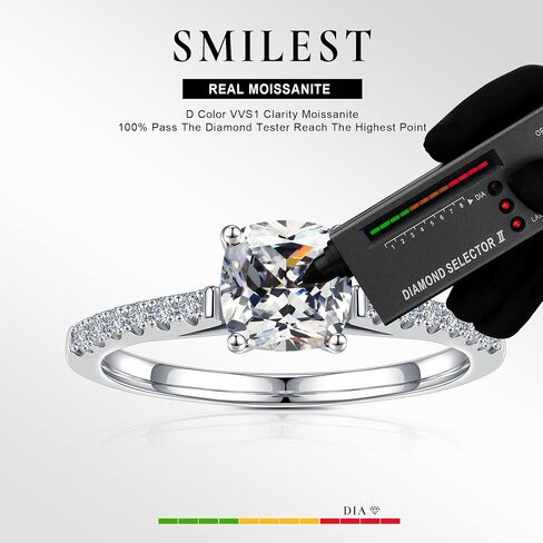 SMILEST 1.5ct Cushion Moissanite Rings for Women, D Color VVS1 Clarity Lab Created Diamond Rings 18K White Gold Plated 925 Sterling Silver Moissanite Engagement Rings for Women Wife with Side Stone in Kuwait