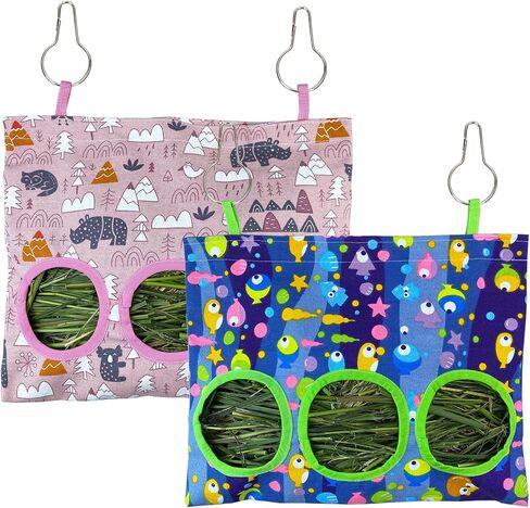 2Pcs Rabbit Hay Feeder Bag Guinea Pigs Hanging Hay Feeders Small Animal Hay Storage Bags for Rabbits Bunny Guinea Pigs Chinchillas Small Pets (Pink&Blue, Large) in Saudi Arabia