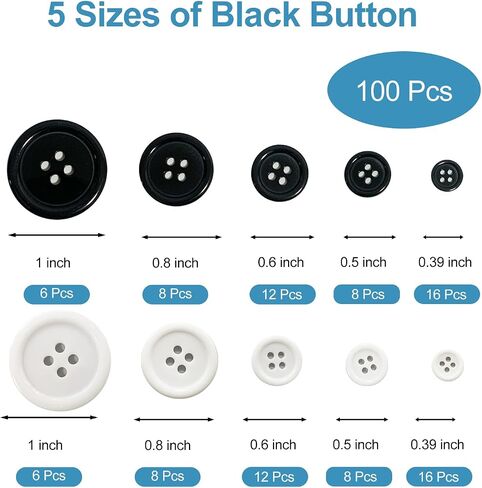 100 Pcs Premium Resin Sewing Buttons, 5 Sizes of Black Buttons, Flatback Button, 4-Hole Craft Button for Sewing, Suits, DIY and Decoration in Saudi Arabia