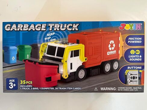 JOYIN Large Friction Powered Garbage Truck Toy Set, Includes Dumpster, Trash Bins, and Learning Cards for Kids, Orange in Saudi Arabia