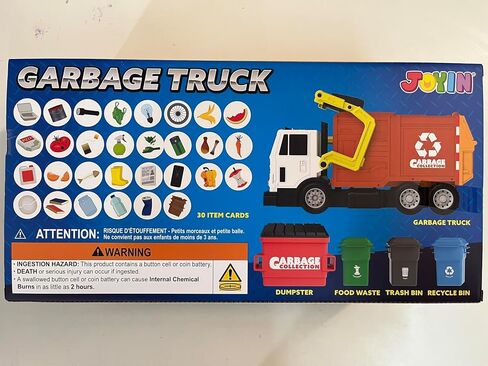 JOYIN Large Friction Powered Garbage Truck Toy Set, Includes Dumpster, Trash Bins, and Learning Cards for Kids, Orange in Saudi Arabia