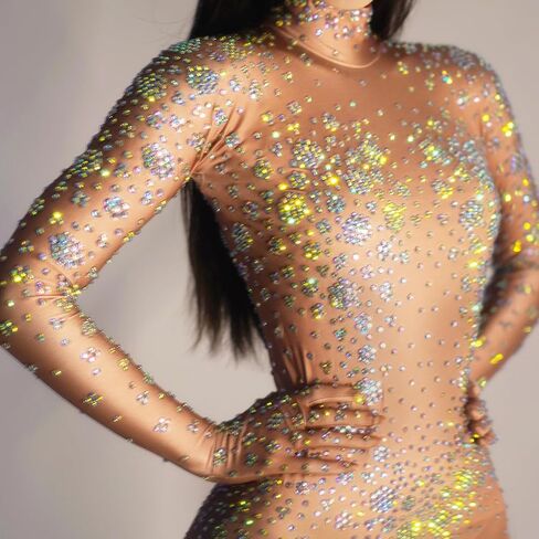 Sexy Glitter Rhinestones Nude Gloves Jumpsuit Stretch Dance Bodysuit Singer Stage Birthday Drag Queen Costume Wear in Saudi Arabia