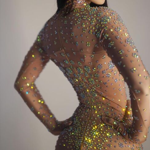Sexy Glitter Rhinestones Nude Gloves Jumpsuit Stretch Dance Bodysuit Singer Stage Birthday Drag Queen Costume Wear in Saudi Arabia